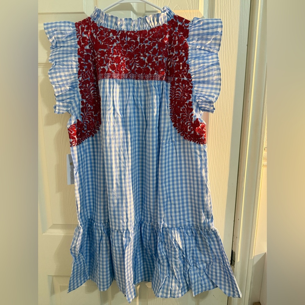 J Marie large NWT floral embroidered dress red blue gingham gameday OLE Miss L